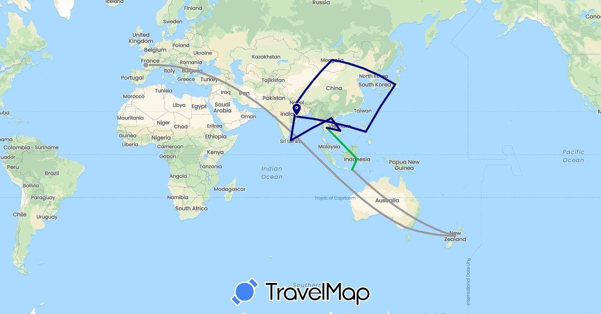TravelMap itinerary: driving, bus, plane in Australia, France, Indonesia, Japan, Laos, Sri Lanka, Mongolia, Nepal, New Zealand, Philippines, Thailand, Vietnam (Asia, Europe, Oceania)